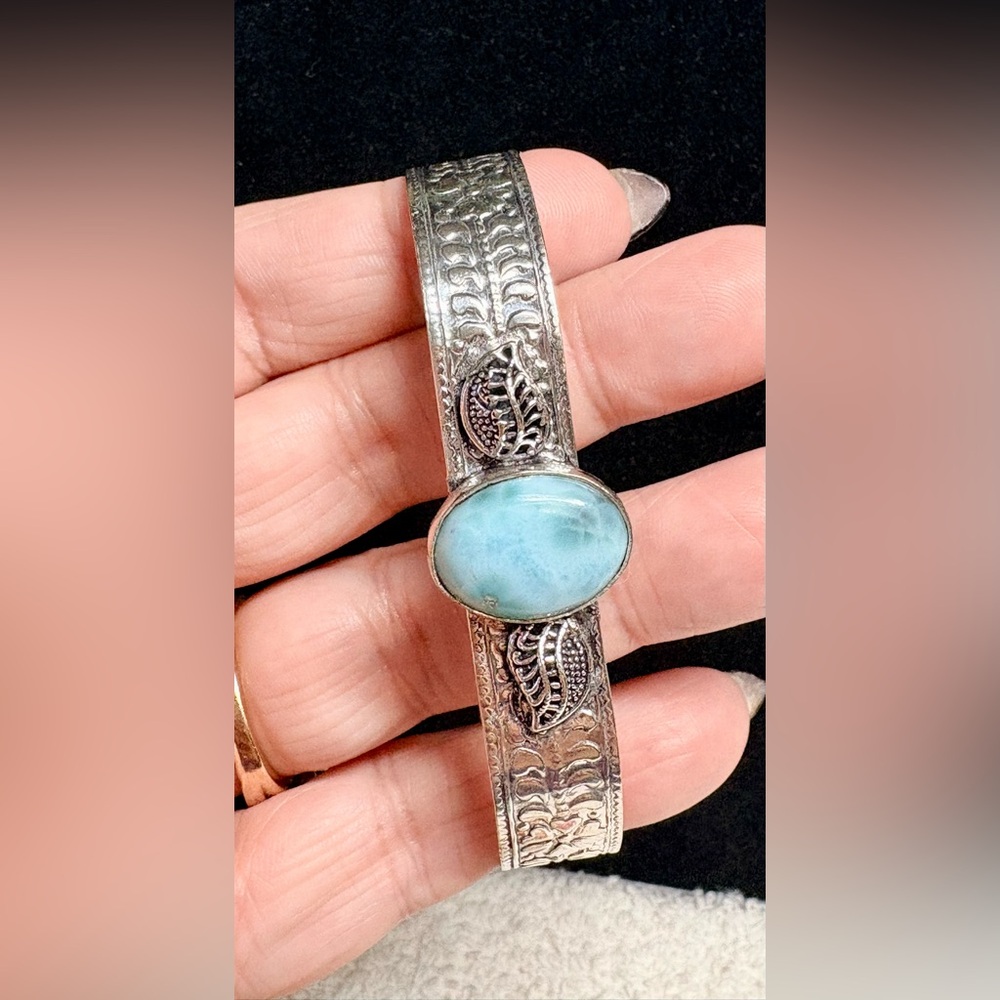 Solid/bold Larimar Cuff Bracelet with Silver Accents-stamped 925 - Picture 5 of 11